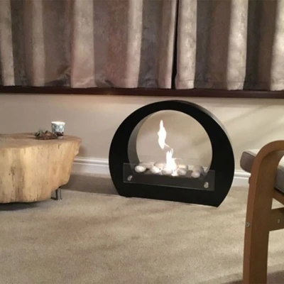 Ethanol stand fireplace in black with wide arch
