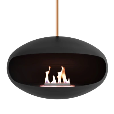 Aeris bioethanol fireplace in black with copper rod