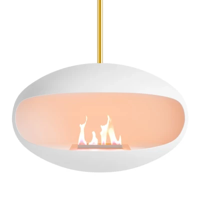 Aeris bioethanol fireplace in white with brass rod