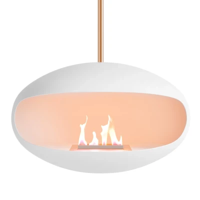 Aeris bioethanol fireplace in white with copper rod