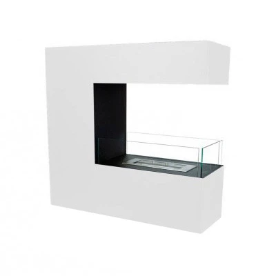Grand, white freestanding fireplace with glass panels Three-sided freestanding bio ethanol fireplace in white