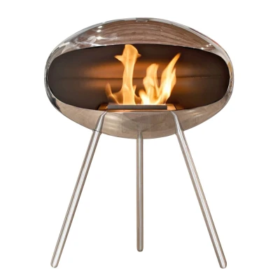 Free-standing Terra Cocoon in polished steel  Cocoon Terra fire in polished steel