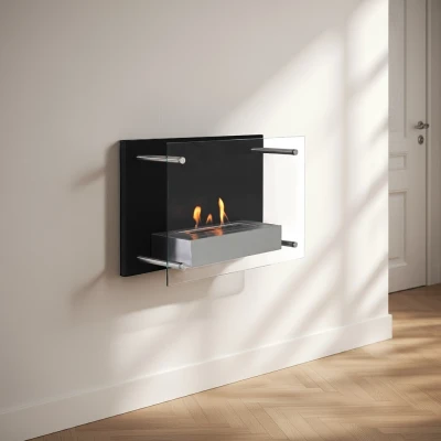 Wall mounted fireplace with a safety window panel Black Wall Mounted Fireplace
