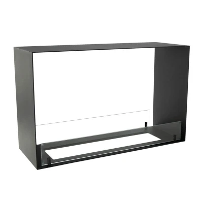 Foco Two 800 Medium built-in bioethanol fireplace with front and side flame view in black steel finish