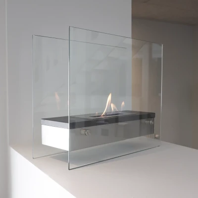 Black and steel wall fireplace with 1,2 L burner  Steel and glass tabletop bio fireplace in square design