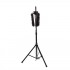 Black electric patio heater mounted on a parasol